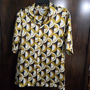 Zara Black and Gold Geometric Satin Soft Button Down Top, regular fit, Small